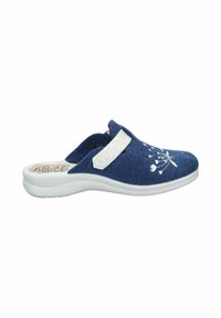 Blue felt clogs with a white velcro strap, floral embroidery on the upper, and a white molded sole. The design features a rounded toe.