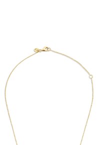 Goldkette mit einem zarten, gedrehten Design, ausgestattet mit einem Karabinerverschluss und einem kleinen Markenschild auf einer Seite.