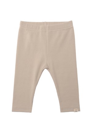 Beige ribbed baby leggings with elastic waistband and a small fabric tag at the bottom edge on a white background.