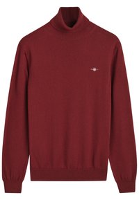 Maglione a collo alto bordeaux con colletto e polsini a coste; texture morbida; piccolo logo sul petto; design aderente e maniche lunghe.