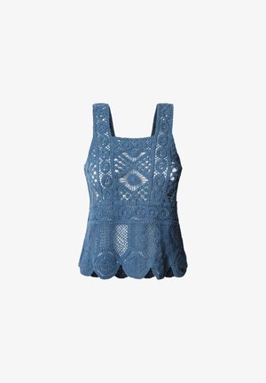 Débardeur au crochet bleu avec un encolure carrée, des détails en motifs complexes et un ourlet en forme de vagues. Fabriqué à partir d'un matériau tricoté texturé.