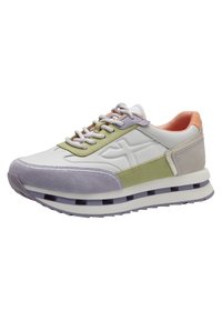 Bunt gemusterter Sneaker aus weißem Leder mit hellgrünen und lavendelfarbenen Wildlederakzenten, Gummisohle und strukturiertem Mesh-Futter. Verfügt über flache Schnürsenkel.