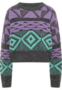 Un maglione corto a maglia presenta un motivo geometrico con colori viola, teal e grigio; tessuto testurizzato; ampie maniche a costine.