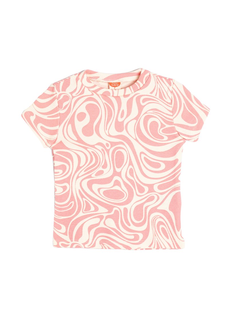 Rosa og creme kortærmet T-shirt med svindende abstrakt mønster. Ribbet tekstur og rund halsudskæring. Letvægtsstof, egnet til afslappet brug.