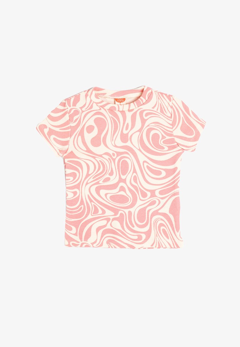 Camiseta de manga corta en color rosa y crema con un patrón abstracto en espiral. Textura acanalada y escote redondo. Tejido ligero, adecuado para el uso diario.