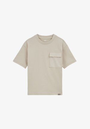 Trumpomis rankovėmis smėlio spalvos medvilninis marškinėlis su krūtinės kišene su atvartėliu ir sustiprintais siūlais ant apykaklės bei rankovių.