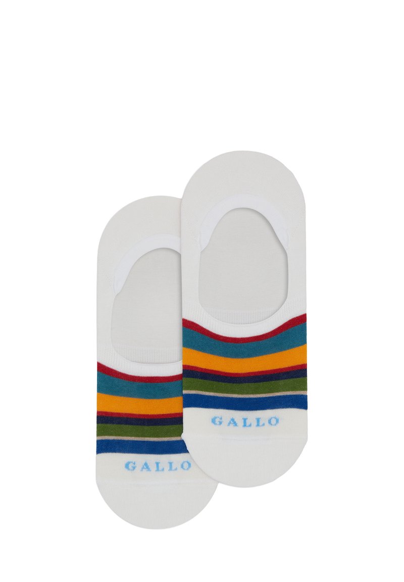 Calzini bianchi alla caviglia con righe orizzontali in rosso, giallo, verde, blu e blu navy. Logo "GALLO" in azzurro vicino alla punta. Morbida texture del tessuto.