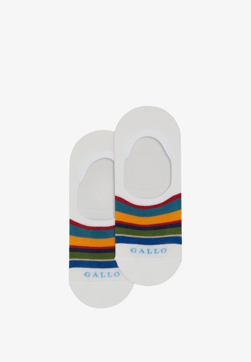 Calzini bianchi alla caviglia con righe orizzontali in rosso, giallo, verde, blu e blu navy. Logo "GALLO" in azzurro vicino alla punta. Morbida texture del tessuto.