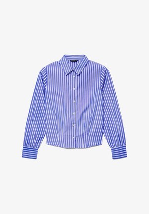 Camicia blu con righe verticali bianche, maniche lunghe, chiusura frontale con bottoni, colletto appuntito e polsini a righe.