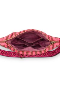 Pink and brown striped handbag interior with two compartments, lined in a darker pink striped fabric. Brightly colored floral strap.