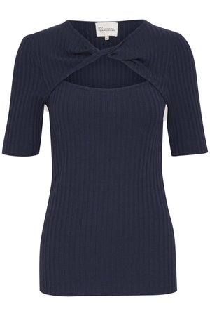 Granatowy prążkowany top z krótkimi rękawami, z kwadratowym dekoltem i skręconym detalem z przodu. Wykonany z miękkiego materiału. Slime dopasowanie.