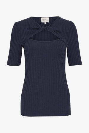 Bluză scurtă cu mâneci striate, de culoare albastru marin, cu detaliu de decolteu încrucișat și tăietură pătrată. Textură netedă și siluetă mulată.