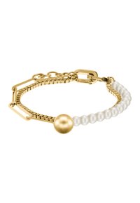 Bracelet en métal doré avec une section de perles blanches et une grande perle dorée lisse, reliées par un design de maillons de chaîne.