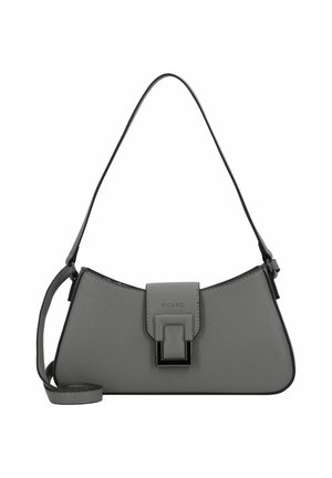 Gray leather handbag with a structured design, featuring a flat base, adjustable strap, and a prominent rectangular hardware accent.