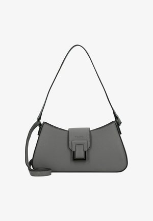 Gray leather handbag with a structured design, featuring a flat base, adjustable strap, and a prominent rectangular hardware accent.