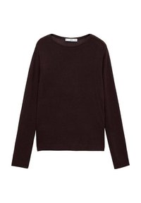 Pull marron tricoté à manches longues, col rond et ourlet côtelé. Texture douce, design simple, sans motifs ni ornements visibles.