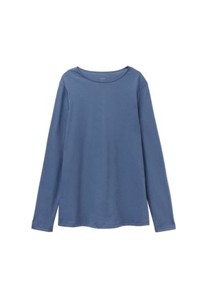 Langermige, ronde hals shirt in gedempt blauw, gemaakt van zachte katoen. Heeft een relaxed fit met zijsplitten voor extra comfort.