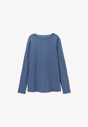 Long-sleeve, crew-neck shirt in muted blue, made of soft cotton material. Features a relaxed fit with side slits for added comfort.