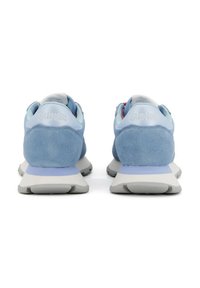 Blue suede sneakers with a light blue mesh collar and grey rubber sole. Features embossed logo on the heel and contrasting accents.