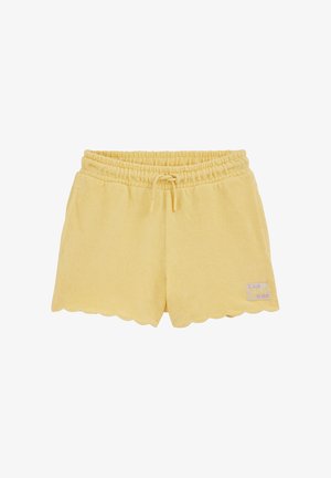 Žute kratke hlače od frotira s elastičnim pojasom, vezicom, izrezanim rubom i malom zakrpom s grafikom limuna na donjem desnom dijelu.