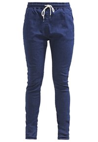 Pantalon de jogging slim-fit bleu foncé avec taille élastique et cordon blanc, doté de poches latérales.