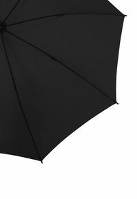 Zwarte paraplu met een ronde vorm, gladde textuur en een stevig metalen frame, die een minimalistisch ontwerp zonder patronen of accenten toont.