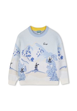 Pull bleu clair avec motifs de montagnes enneigées et pins, avec de petits lapins dessinés et le logo Kenzo sur la poitrine.