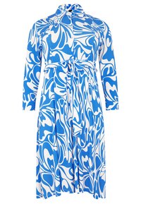 Blau-weiß gemustertes Kleid mit langen Ärmeln, einer Knopfleiste, einem Kragen und einem Bindegürtel in der Taille. Glatte Stofftextur.
