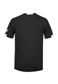 Zwart sport t-shirt met een ronde hals, korte mouwen en witte accenten op de mouwmanchetten. Glad, lichtgewicht stof.