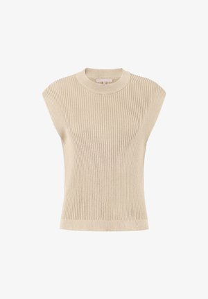 Haut tricoté côtelé beige avec un col rond et des manches courtes, présentant une silhouette ajustée et un tissu texturé pour un look structuré.