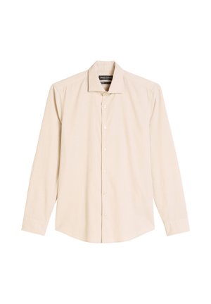 Beige overhemd met lange mouwen, gemaakt van soepele katoen, met een klassieke kraag, knoopsluiting aan de voorkant en een ontspannen pasvorm. Geen zichtbare patronen of accenten.