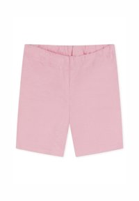 Jasnoróżowe bawełniane szorty z elastycznym pasem, o gładkiej fakturze i bez dodatkowych wzorów czy elementów metalowych.