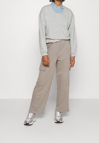 Felpa grigia chiara accorciata con maniche lunghe sopra una camicia azzurra con colletto, abbinata a pantaloni cargo beige e sneakers argentate.
