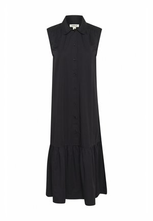 Black sleeveless dress with button front, pointed collar, and gathered waist. Features a tiered hemline and soft, smooth fabric texture.