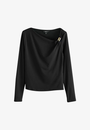 Sort langærmet top med et draperet halsudskæring og en guldfarvet detalje på skulderen. Fremstillet af glat stof med en afslappet pasform.