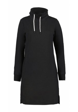 Robe sweat à capuche noire avec un col haut, des manches longues, des accents en cordon de serrage, des fentes latérales et des poignets côtelés. Fabriquée en coton doux.