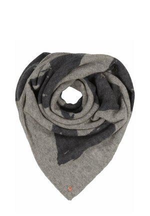 Grey and black patterned scarf, triangular shape, soft texture, featuring a central circular opening and a small logo tag.