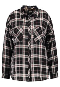 Black, white, and red plaid long-sleeve button-up shirt with two chest pockets and a traditional collar.