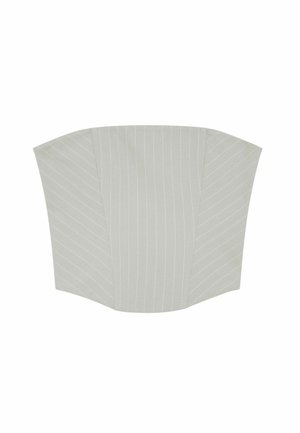 Top corset en tissu gris clair à fines rayures avec coutures structurées et encolure droite.