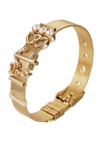Bracciale in rete dorata con charm decorativi, tra cui cuori e la parola "love", con rifiniture di strass e chiusura a moschettone.