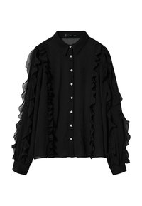 Blusa nera con dettagli arricciati lungo le maniche e il davanti, caratterizzata da una chiusura a bottoni e un colletto classico. Realizzata in tessuto leggero.