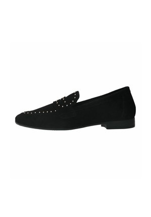 Black suede loafers featuring a flat sole, stitched detailing, and decorative stud accents on the vamp for added texture and design.