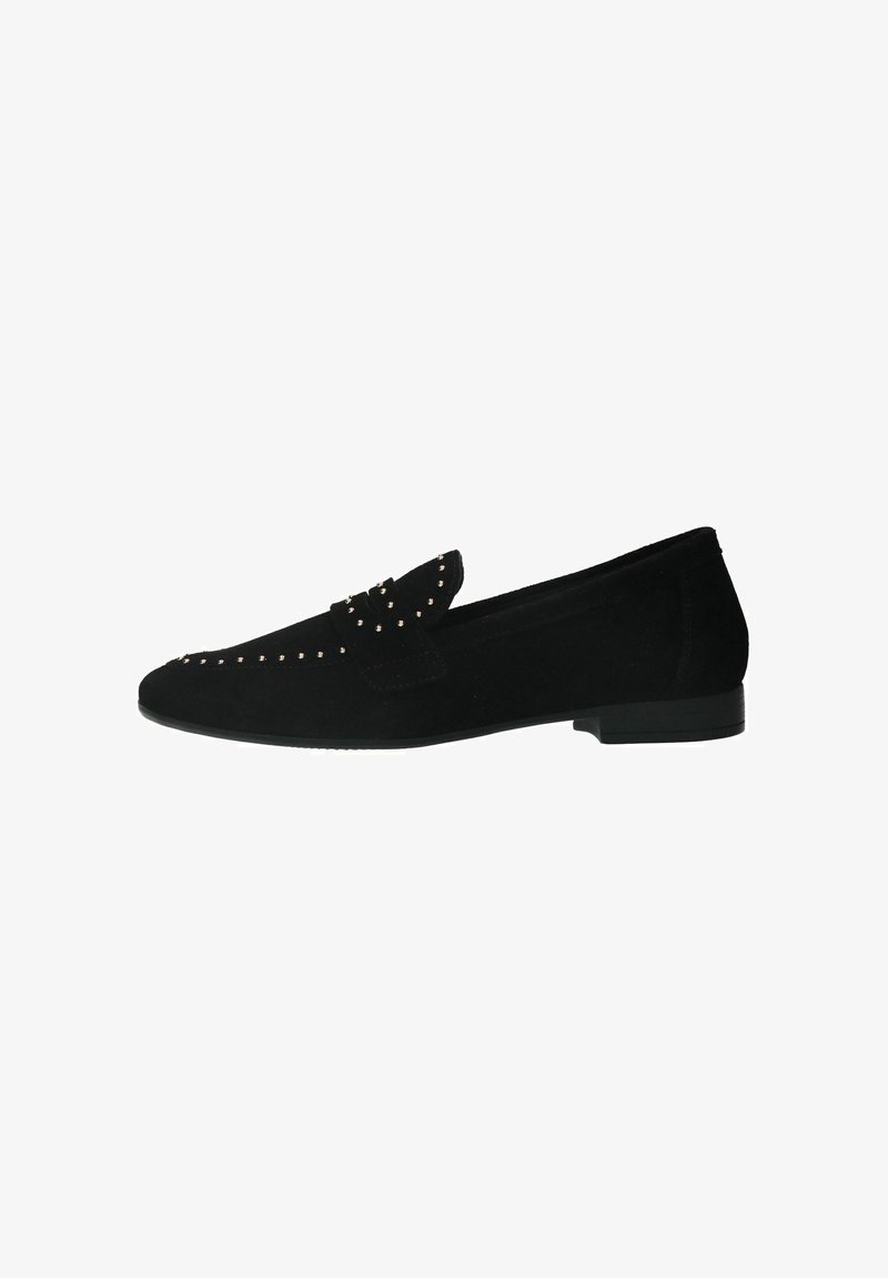 Black suede loafers featuring a flat sole, stitched detailing, and decorative stud accents on the vamp for added texture and design.
