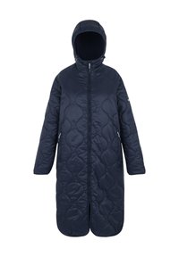 Long manteau matelassé bleu marine avec capuche, fermeture éclair intégrale à l'avant et poches latérales zippées, conçu pour les temps froids.