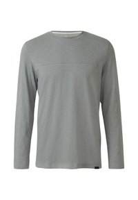 Graues Langarmshirt aus einem weichen, strukturierten Stoff. Verfügt über einen Rundhalsausschnitt und eine horizontale Naht über der Brust. Einfaches, minimalistisches Design.