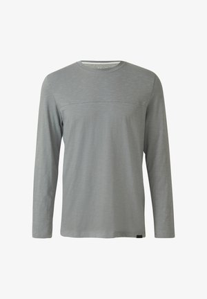 Graues Langarmshirt aus einem weichen, strukturierten Stoff. Verfügt über einen Rundhalsausschnitt und eine horizontale Naht über der Brust. Einfaches, minimalistisches Design.