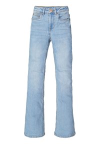 Hellblaue Denim-Jeans im Schlagstil mit hoher Taille, fünf Taschen und Frontknopfverschluss. Verfügt über eine glatte Textur und gestickte Säume.