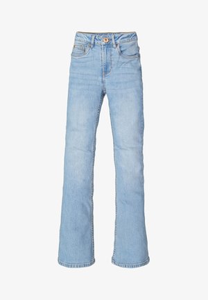 Lichtblauwe denim flared jeans met een hoge taille, vijf zakken en een knoopsluiting aan de voorkant. Heeft een gladde textuur en gestikte zoom.