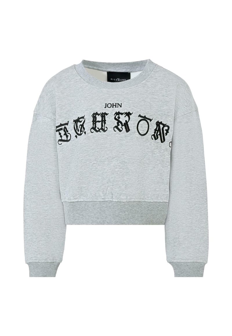 Sweatshirt gris, coupé, avec des manches longues, présentant un texte gothique noir sur le devant. Le texte comprend "JOHN" et "DELUZION".