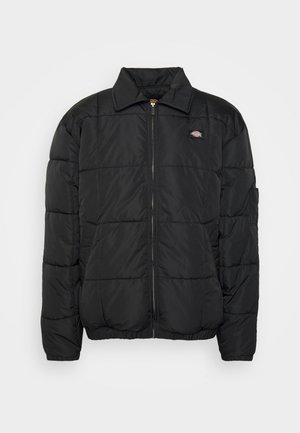 Chaqueta tipo plumón negra con cremallera frontal, cuello alto y dobladillo elástico. Presenta un patrón acolchado y un pequeño logo en el pecho.